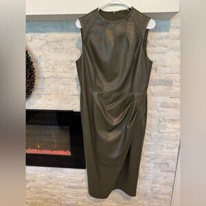 Elie Tahari Vegan Leather Pleated Neckline Midi Wrap Dress